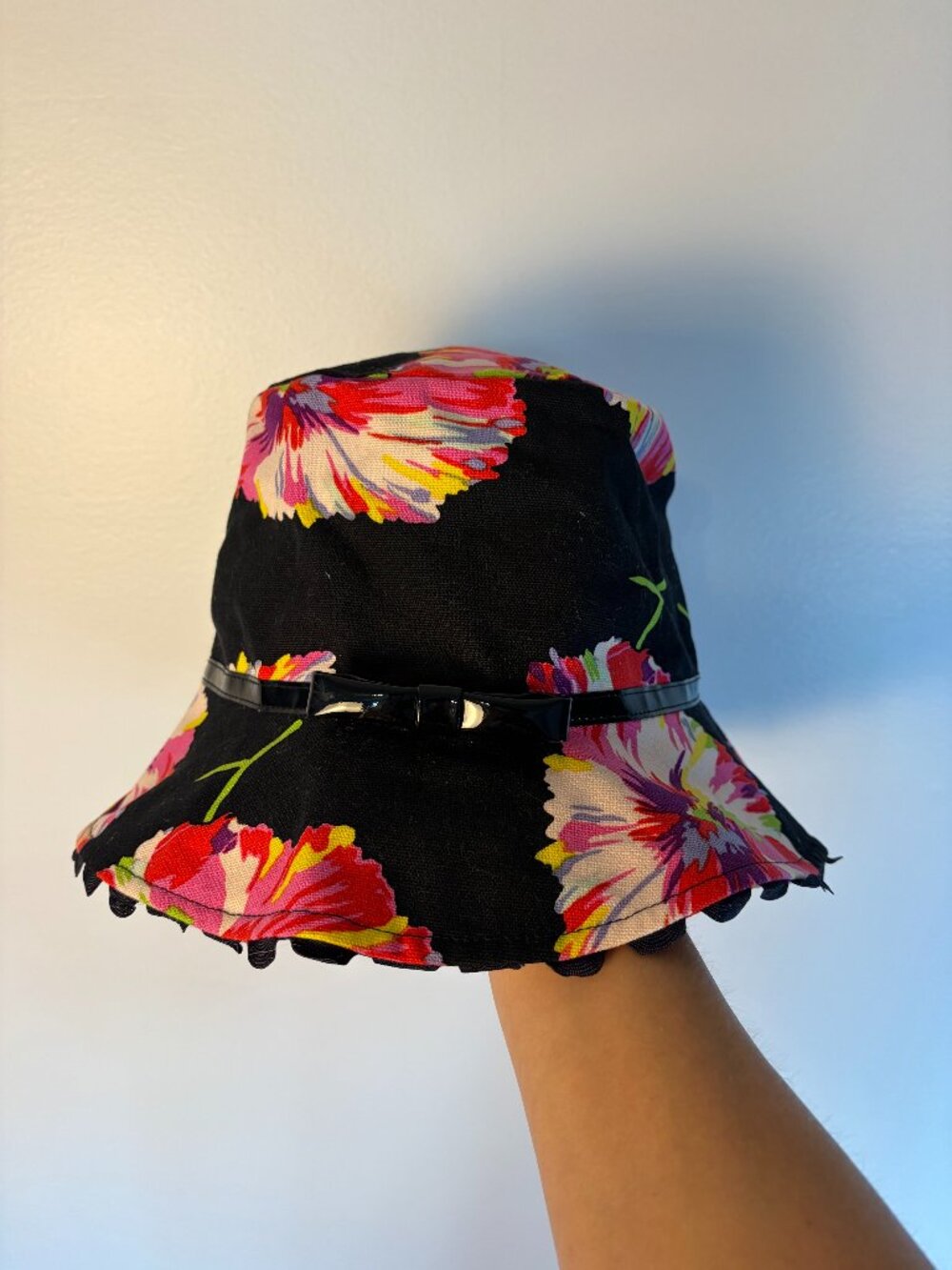 LuLu Guinness London Black Floral Pattern Bucket Hat
